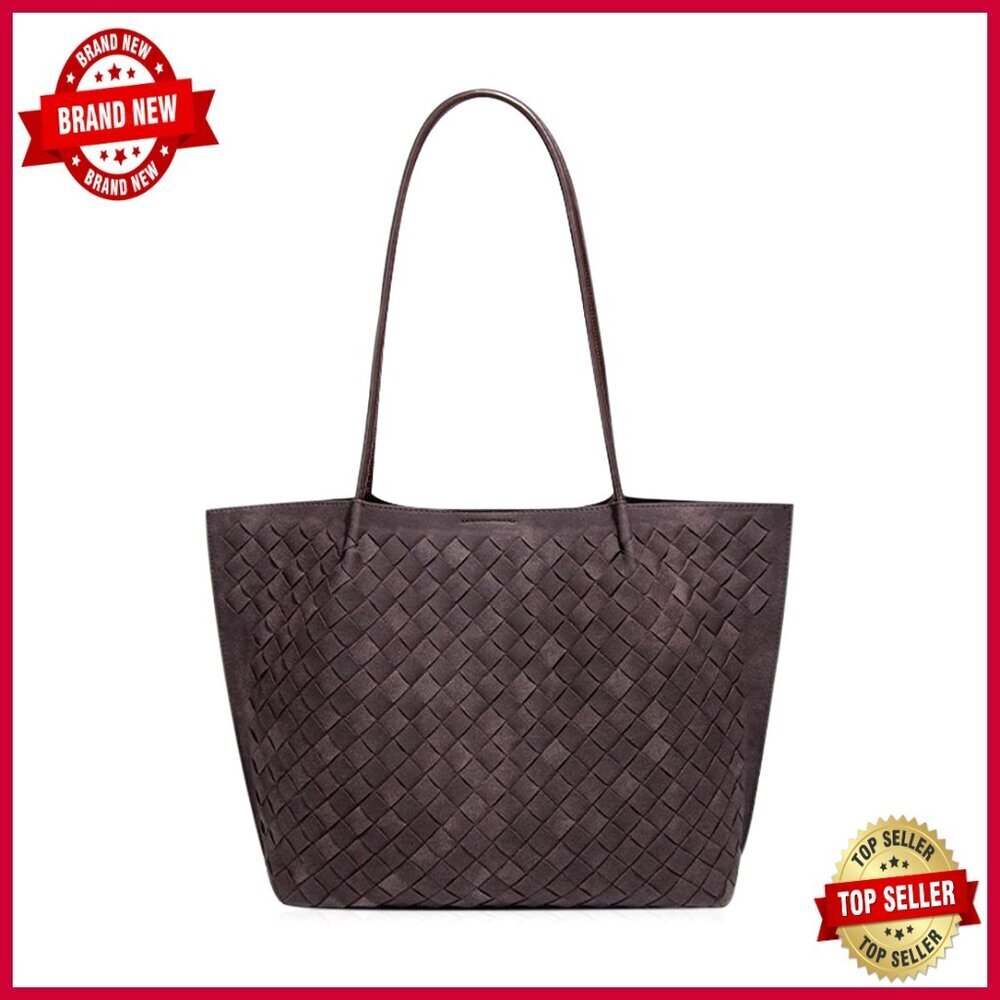 Large Woven Leather Tote Bag with Bonus Pouch, Spacious Work Handbag